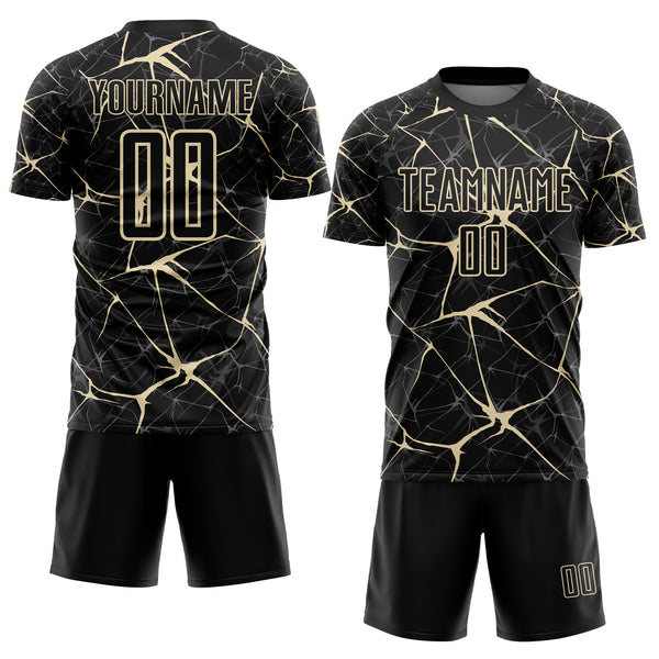 Custom Black-Cream Abstract Network Crackle Sublimation Soccer Uniform Jersey