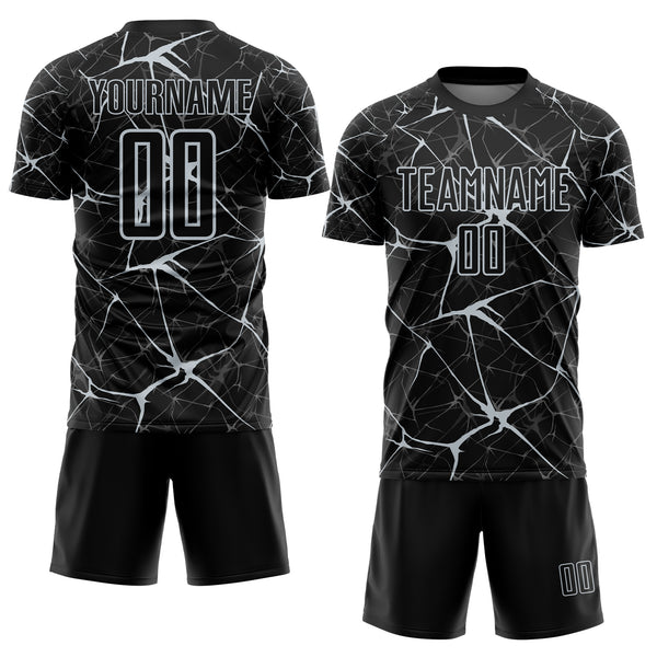 Custom Black-Silver Abstract Network Crackle Sublimation Soccer Uniform Jersey