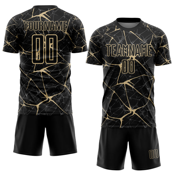 Custom Black-Vegas Gold Abstract Network Crackle Sublimation Soccer Uniform Jersey