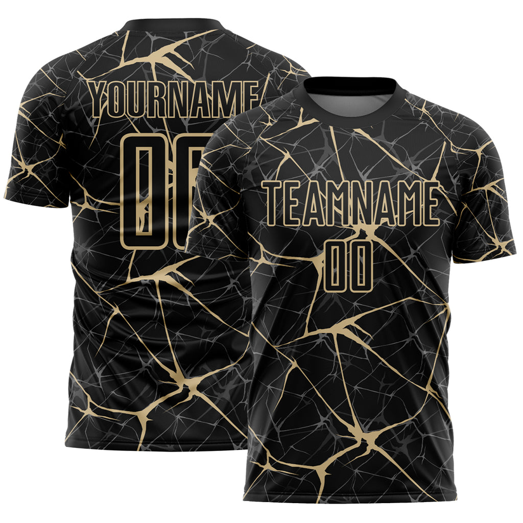 Custom Black-Vegas Gold Abstract Network Crackle Sublimation Soccer Uniform Jersey