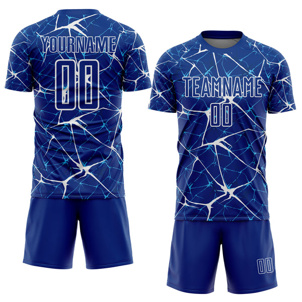 Custom Royal-White Abstract Network Crackle Sublimation Soccer Uniform Jersey