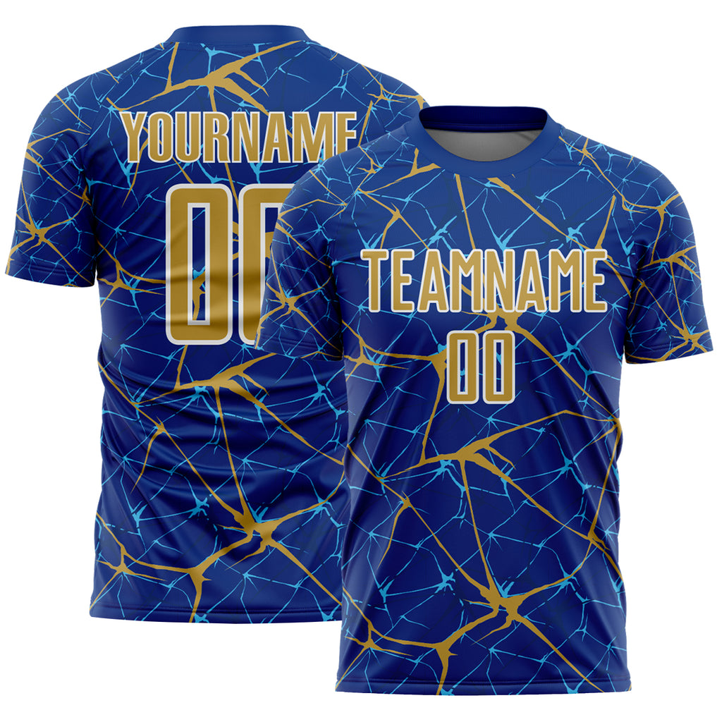 Custom Royal Old Gold-White Abstract Network Crackle Sublimation Soccer Uniform Jersey