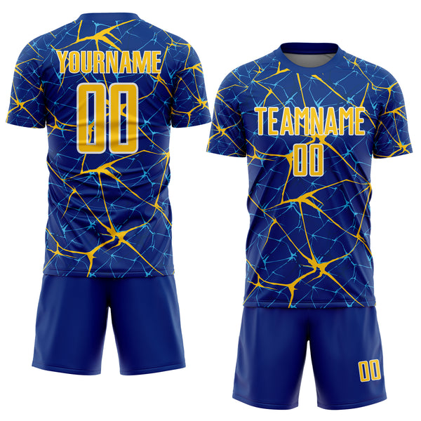 Custom Royal Yellow-White Abstract Network Crackle Sublimation Soccer Uniform Jersey