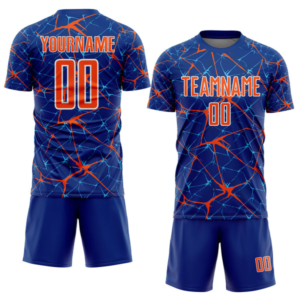 Custom Royal Orange-White Abstract Network Crackle Sublimation Soccer Uniform Jersey