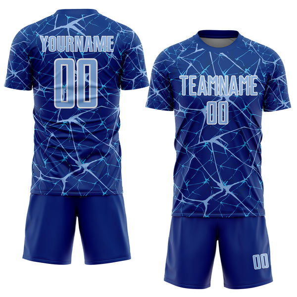 Custom Royal Light Blue-White Abstract Network Crackle Sublimation Soccer Uniform Jersey