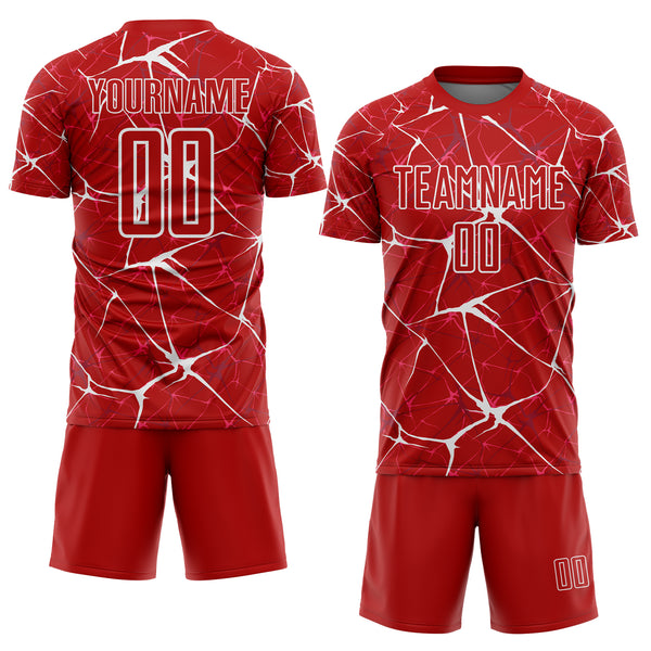 Custom Red-White Abstract Network Crackle Sublimation Soccer Uniform Jersey
