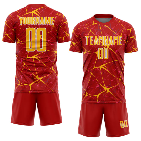 Custom Red Gold-White Abstract Network Crackle Sublimation Soccer Uniform Jersey