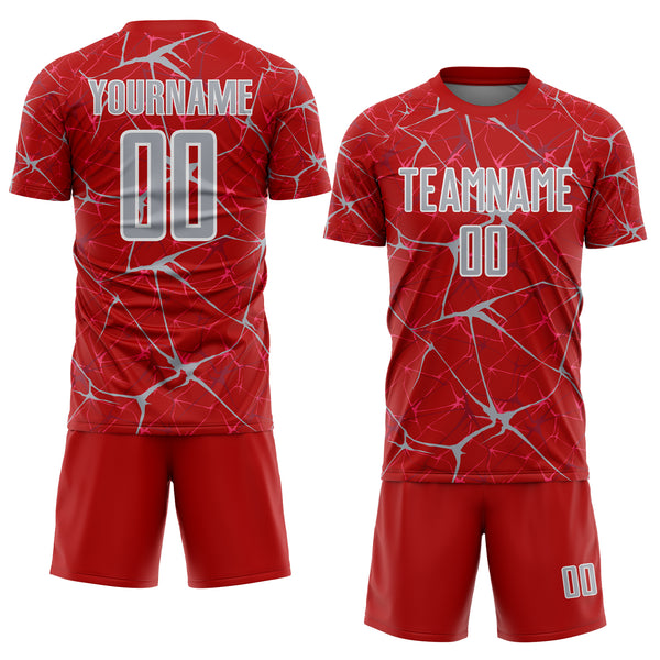 Custom Red Gray-White Abstract Network Crackle Sublimation Soccer Uniform Jersey