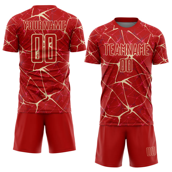 Custom Red-Cream Abstract Network Crackle Sublimation Soccer Uniform Jersey