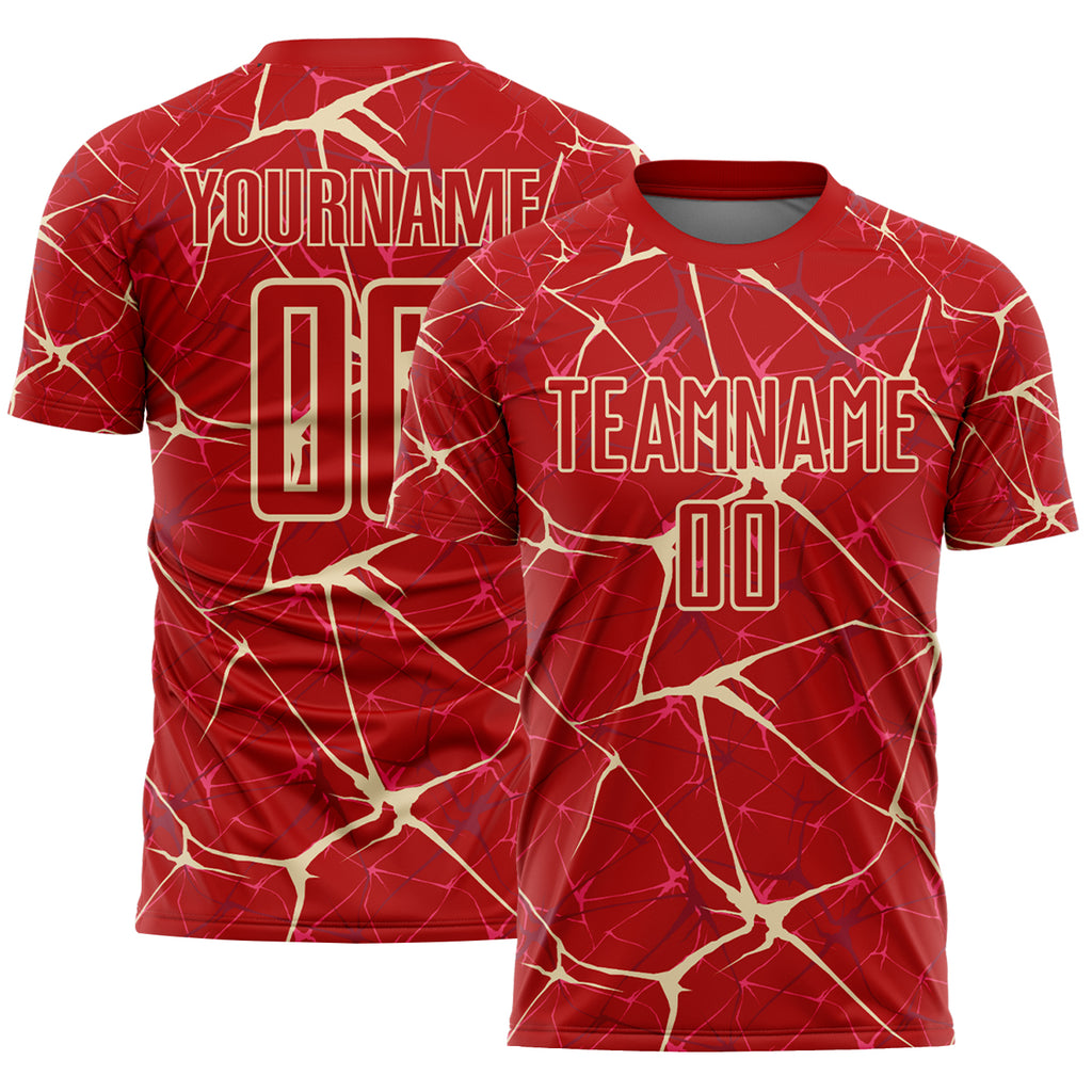 Custom Red-Cream Abstract Network Crackle Sublimation Soccer Uniform Jersey