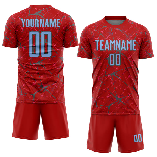 Custom Red Light Blue-Steel Gray Abstract Network Crackle Sublimation Soccer Uniform Jersey