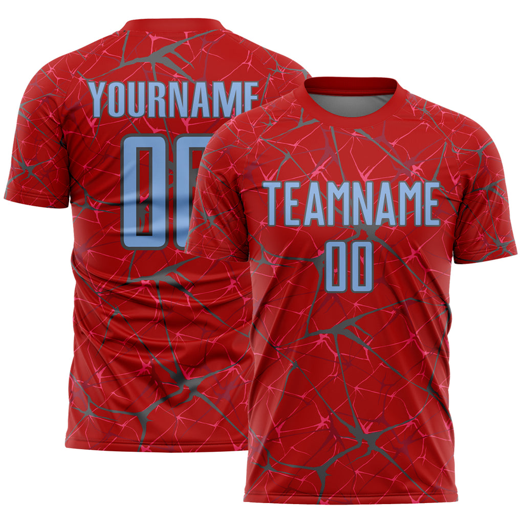 Custom Red Light Blue-Steel Gray Abstract Network Crackle Sublimation Soccer Uniform Jersey