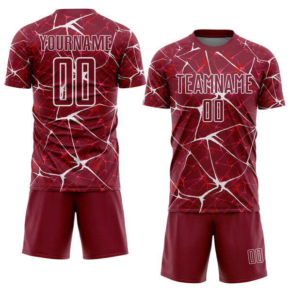 Custom Crimson-White Abstract Network Crackle Sublimation Soccer Uniform Jersey