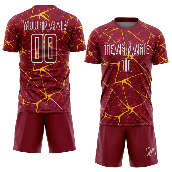 Custom Crimson Gold-White Abstract Network Crackle Sublimation Soccer Uniform Jersey
