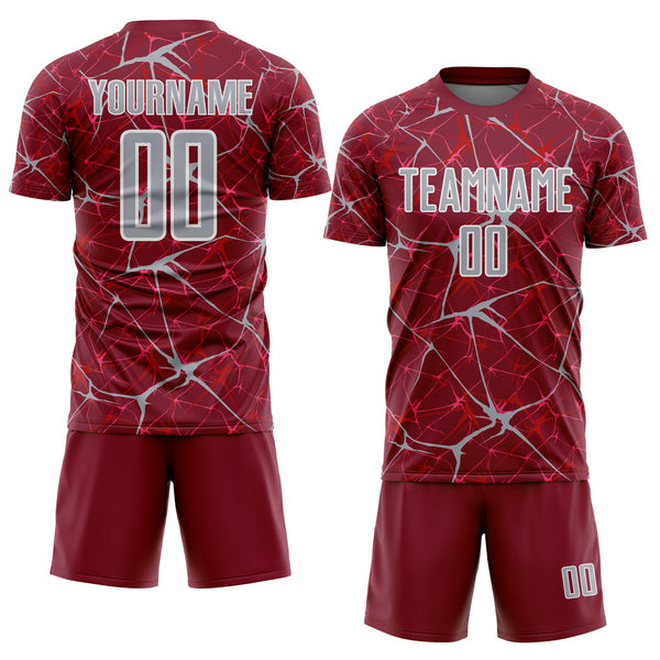 Custom Crimson Gray-White Abstract Network Crackle Sublimation Soccer Uniform Jersey