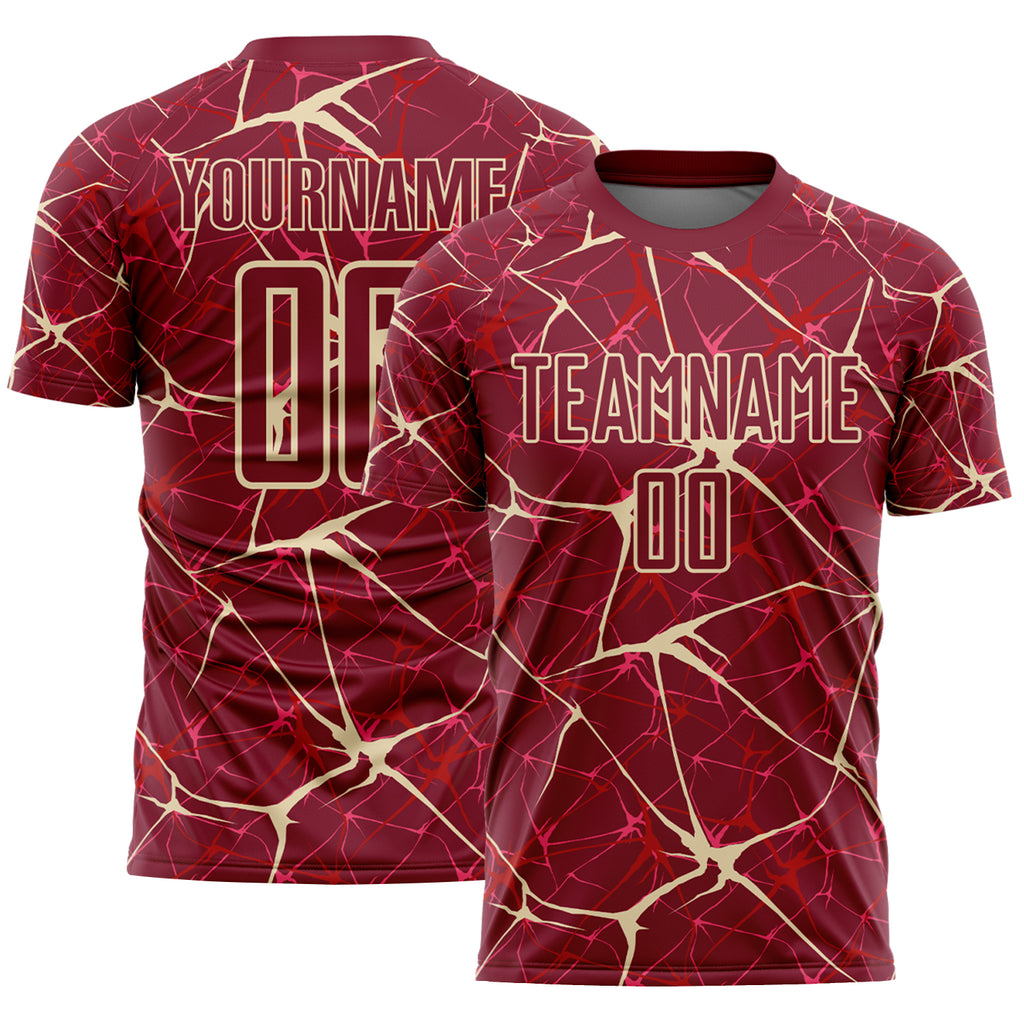 Custom Crimson-Cream Abstract Network Crackle Sublimation Soccer Uniform Jersey