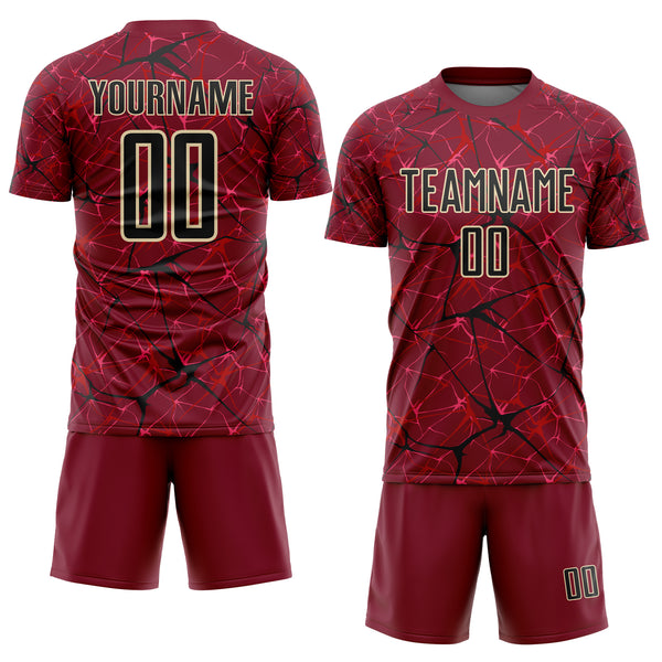 Custom Crimson Black-Cream Abstract Network Crackle Sublimation Soccer Uniform Jersey