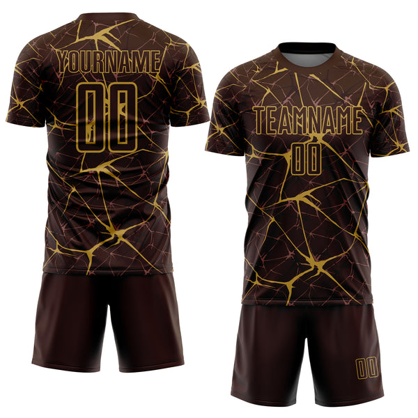 Custom Brown-Old Gold Abstract Network Crackle Sublimation Soccer Uniform Jersey