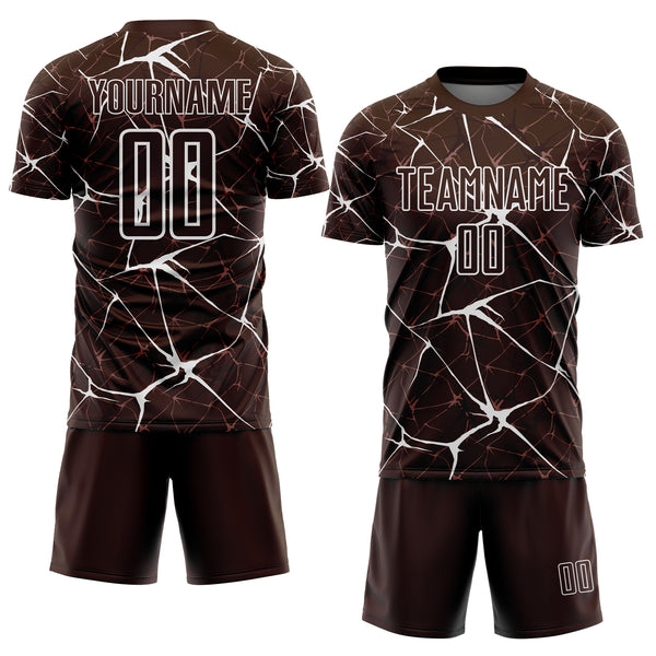 Custom Brown-White Abstract Network Crackle Sublimation Soccer Uniform Jersey