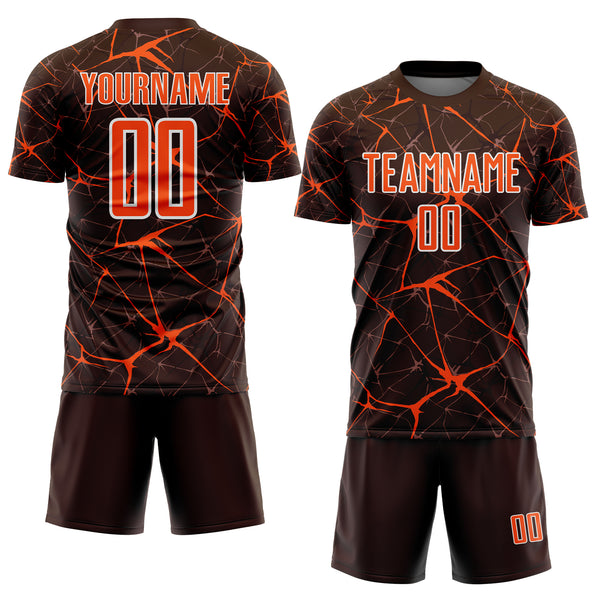 Custom Brown Orange-White Abstract Network Crackle Sublimation Soccer Uniform Jersey