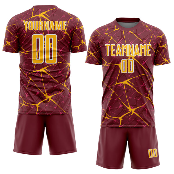 Custom Burgundy Gold-White Abstract Network Crackle Sublimation Soccer Uniform Jersey