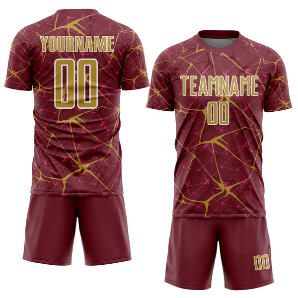 Custom Burgundy Old Gold-White Abstract Network Crackle Sublimation Soccer Uniform Jersey