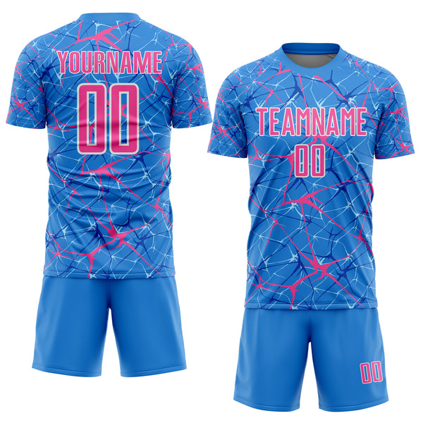 Custom Powder Blue Pink-White Abstract Network Crackle Sublimation Soccer Uniform Jersey