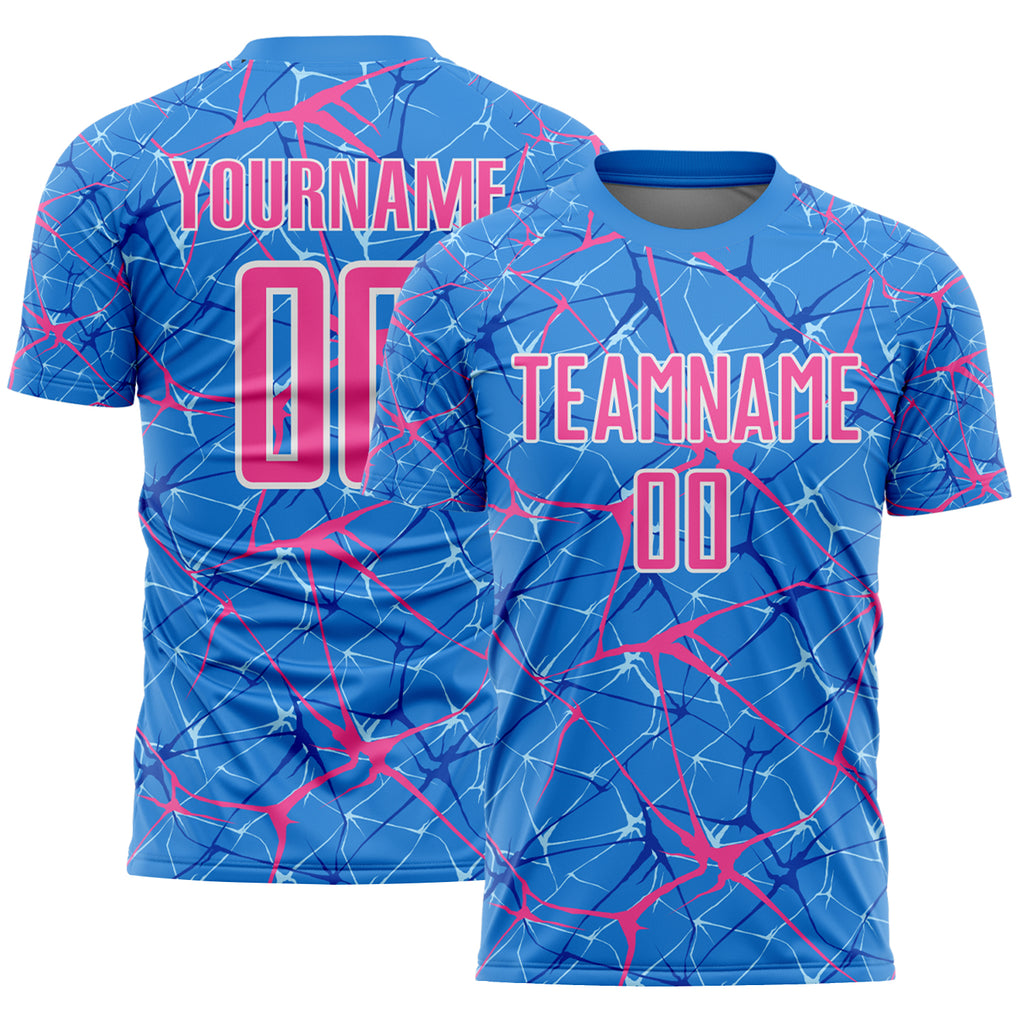 Custom Powder Blue Pink-White Abstract Network Crackle Sublimation Soccer Uniform Jersey