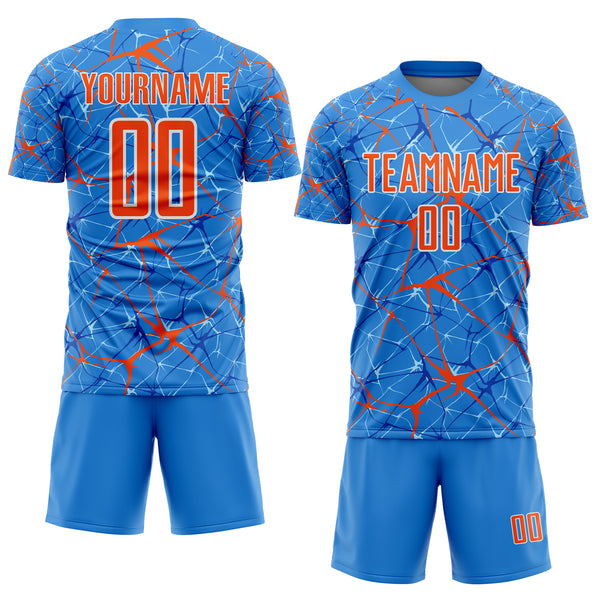 Custom Powder Blue Orange-White Abstract Network Crackle Sublimation Soccer Uniform Jersey