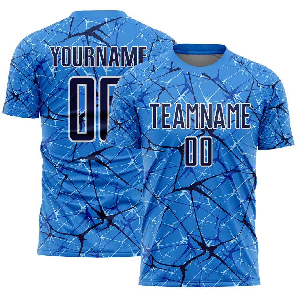 Custom Powder Blue Navy-White Abstract Network Crackle Sublimation Soccer Uniform Jersey