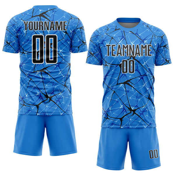 Custom Powder Blue Black-White Abstract Network Crackle Sublimation Soccer Uniform Jersey