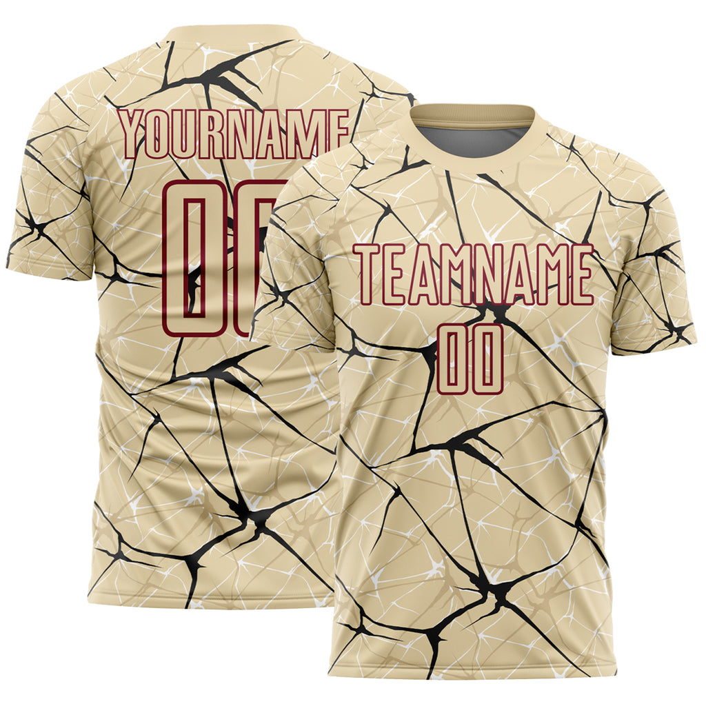 Custom Cream Black-Crimson Abstract Network Crackle Sublimation Soccer Uniform Jersey