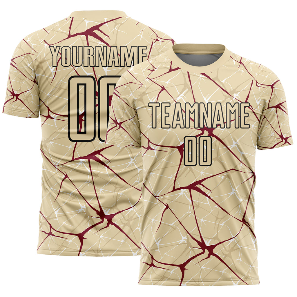 Custom Cream Crimson-Black Abstract Network Crackle Sublimation Soccer Uniform Jersey