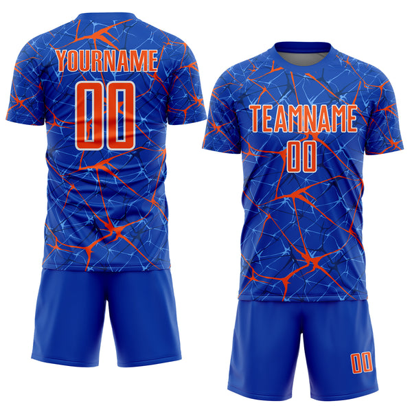 Custom Thunder Blue Orange-White Abstract Network Crackle Sublimation Soccer Uniform Jersey