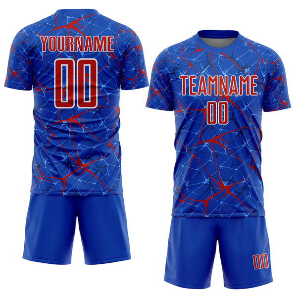 Custom Thunder Blue Red-White Abstract Network Crackle Sublimation Soccer Uniform Jersey
