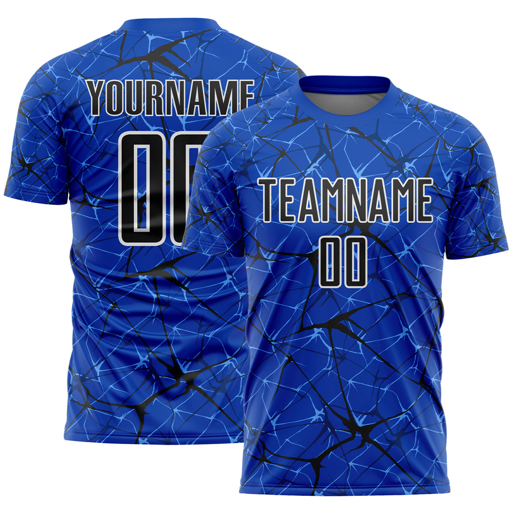 Custom Thunder Blue Black-White Abstract Network Crackle Sublimation Soccer Uniform Jersey