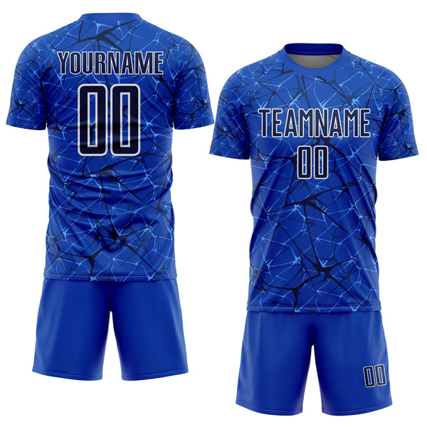 Custom Thunder Blue Navy-White Abstract Network Crackle Sublimation Soccer Uniform Jersey