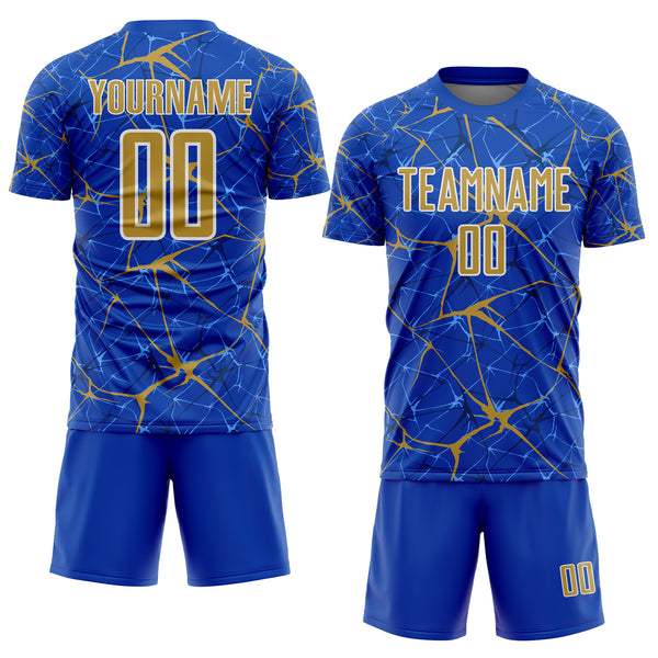 Custom Thunder Blue Old Gold-White Abstract Network Crackle Sublimation Soccer Uniform Jersey
