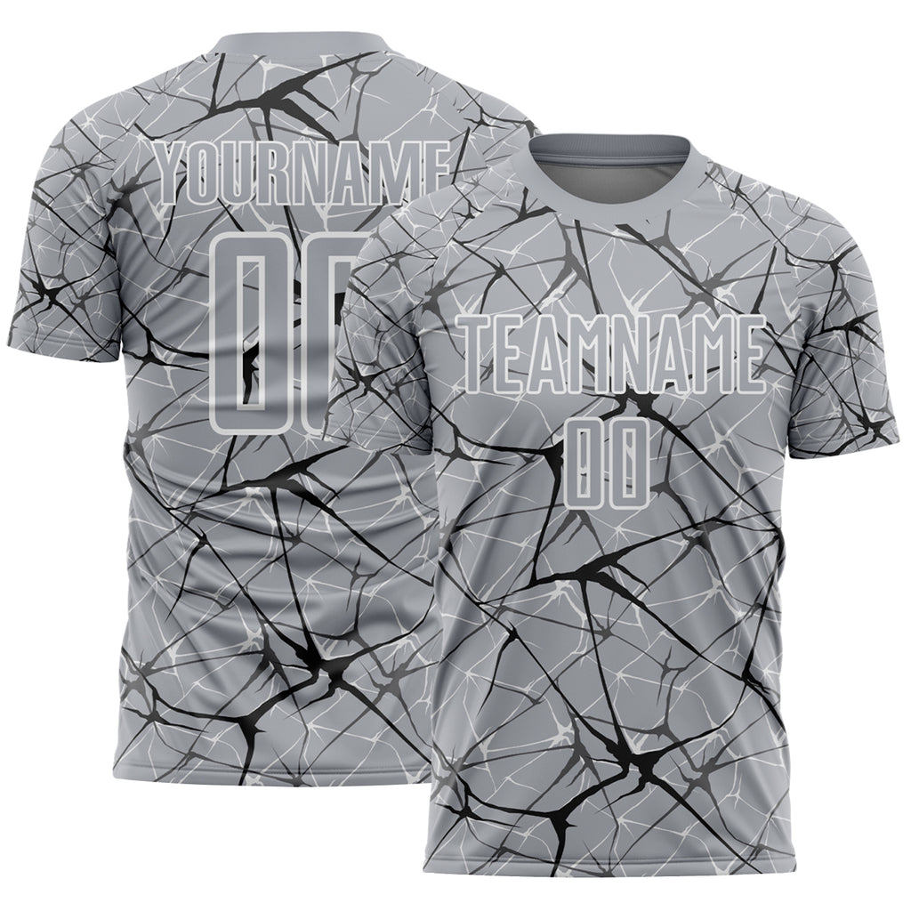 Custom Gray Black-White Abstract Network Crackle Sublimation Soccer Uniform Jersey