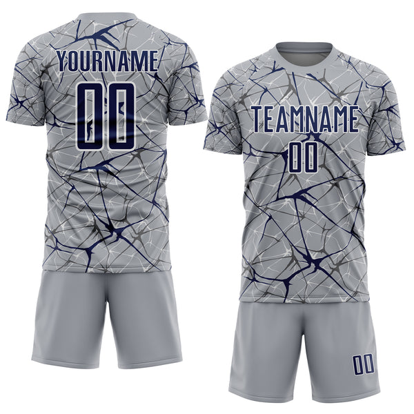 Custom Gray Navy-White Abstract Network Crackle Sublimation Soccer Uniform Jersey