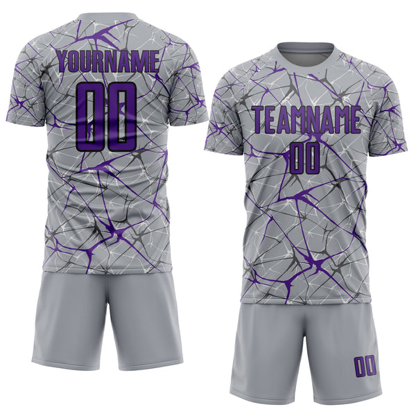 Custom Gray Purple-Black Abstract Network Crackle Sublimation Soccer Uniform Jersey