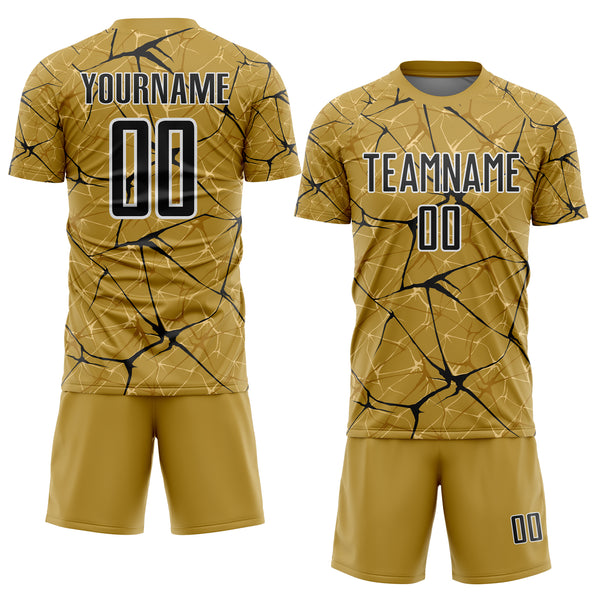 Custom Old Gold Black-White Abstract Network Crackle Sublimation Soccer Uniform Jersey