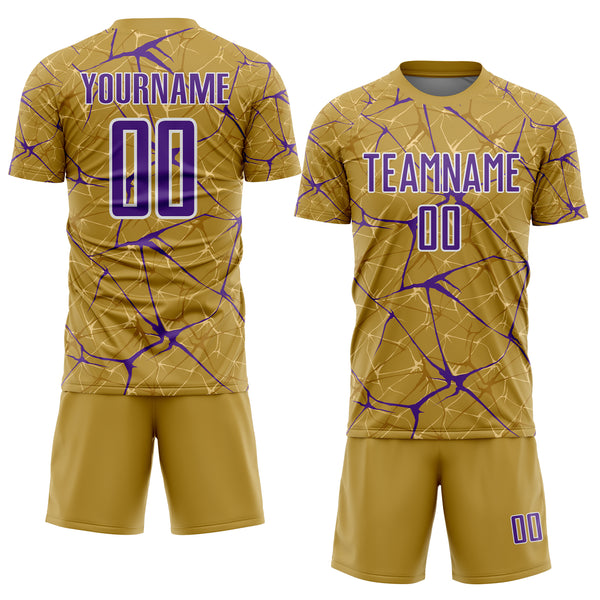 Custom Old Gold Purple-White Abstract Network Crackle Sublimation Soccer Uniform Jersey