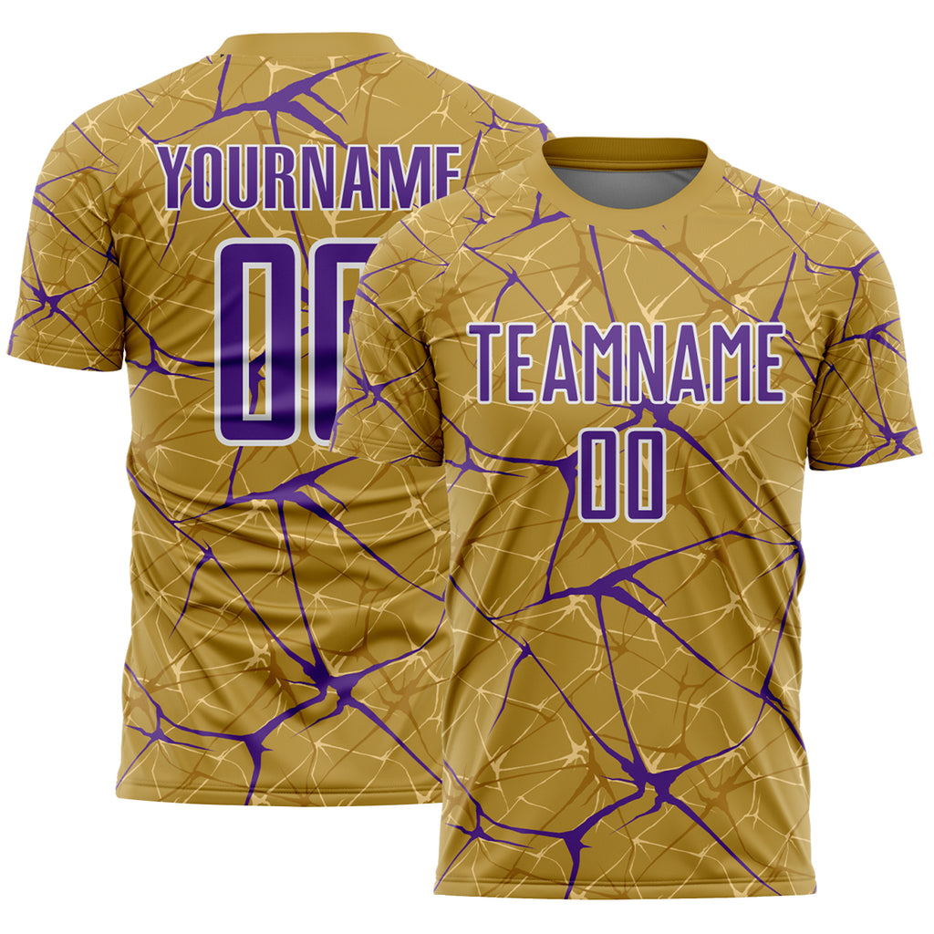Custom Old Gold Purple-White Abstract Network Crackle Sublimation Soccer Uniform Jersey
