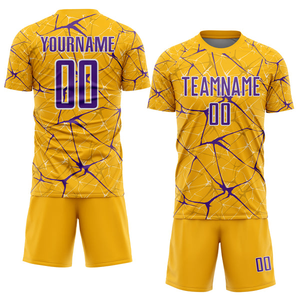 Custom Gold Purple-White Abstract Network Crackle Sublimation Soccer Uniform Jersey