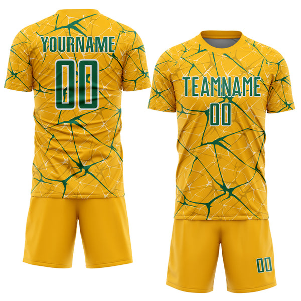 Custom Gold Kelly Green-White Abstract Network Crackle Sublimation Soccer Uniform Jersey