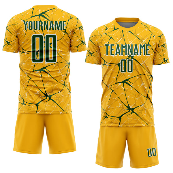 Custom Gold Green-White Abstract Network Crackle Sublimation Soccer Uniform Jersey