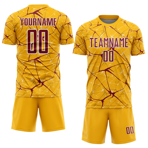 Custom Gold Crimson-White Abstract Network Crackle Sublimation Soccer Uniform Jersey