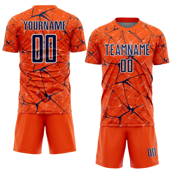 Custom Orange Navy-White Abstract Network Crackle Sublimation Soccer Uniform Jersey