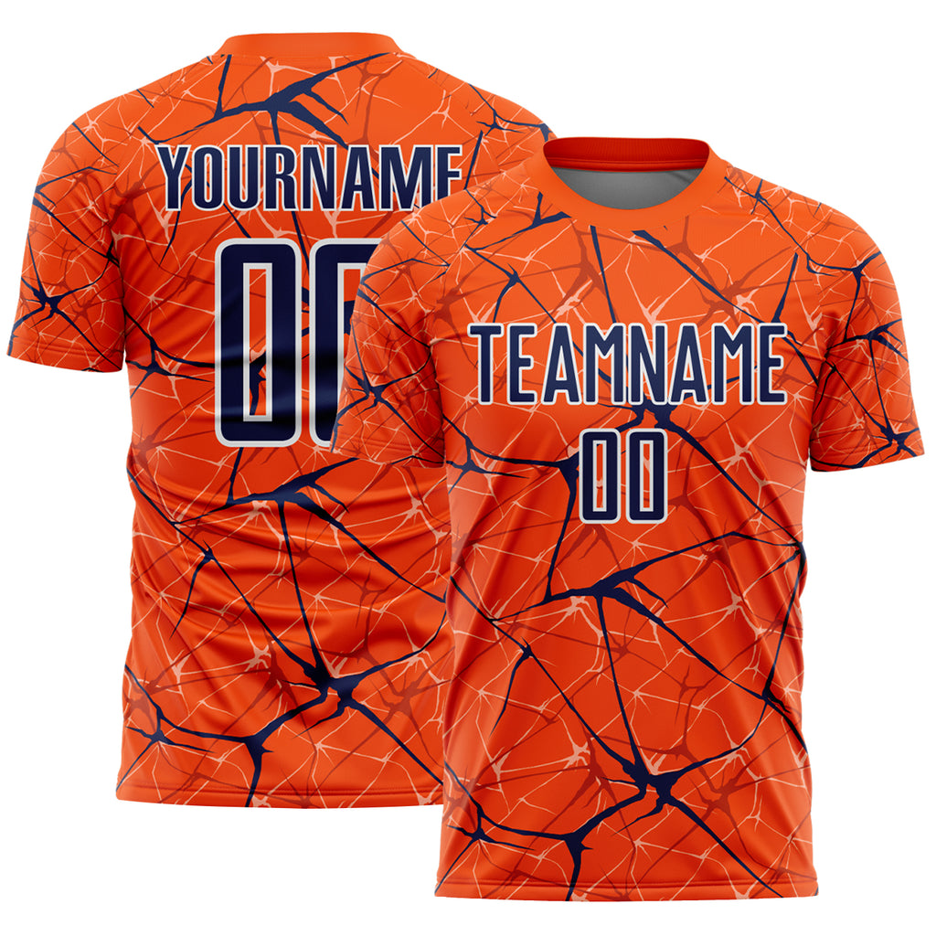 Custom Orange Navy-White Abstract Network Crackle Sublimation Soccer Uniform Jersey